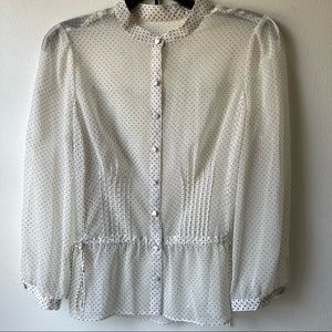 Vintage sheer white polka dot waist cinch cord long sleeve blouse -No tag - S/M
